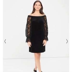 WHBM Off the Shoulder Lace Sleeve Black Velvet Shift Dress size 12